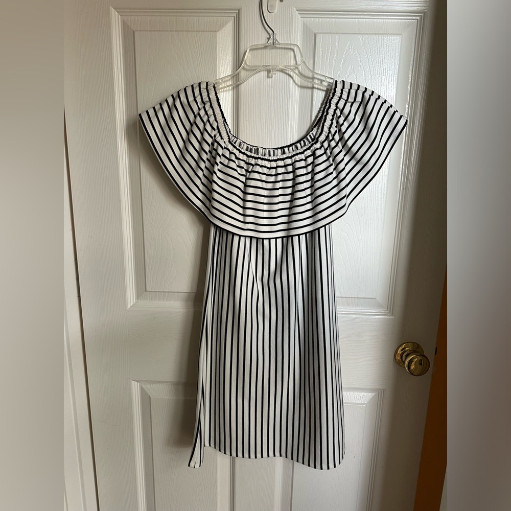 Off the shoulder black and white stripped mini dress